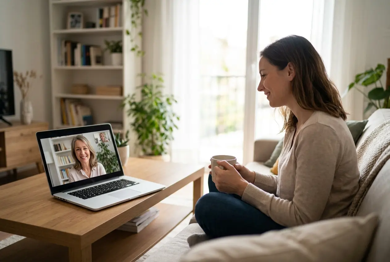 A woman on a video call, joining an online therapy session from home